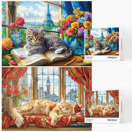 Jigsaw Puzzles 2 Pack 1000 Pieces - WISHDIAM Puzzles for Adults - Cats Funny Kitten Pets Animal Lovers Impossible Difficult Challenging Puzzles for Home Decor Birthday Party Gifts Toy for Men Women WISHDIAM