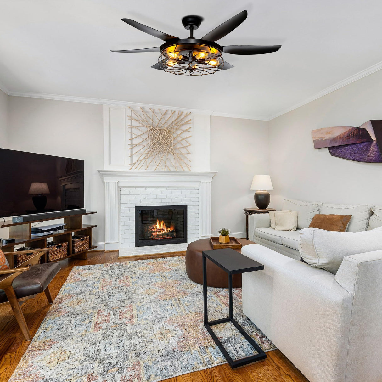 Ohniyou Ceiling Fans with Lights and Remote - 52 Inch Farmhouse Ceiling Fan with Caged Light Fixture - Black Industrial Outdoor Ceiling Fan Lights for Patio, Living Room, Kitchen & Bedroom Ohniyou