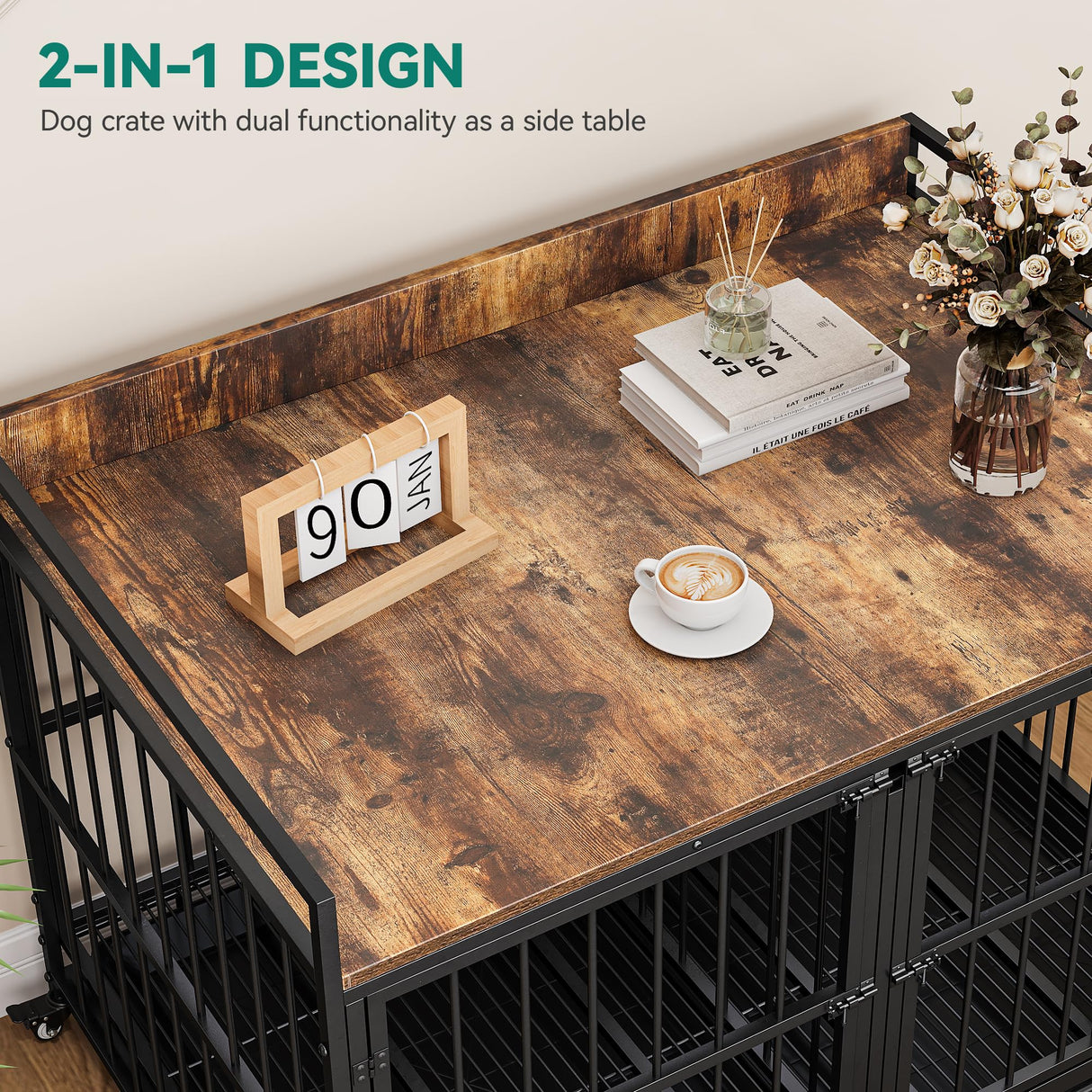 YITAHOME 37.5'' Heavy Duty Dog Crate with Removable Divider, Double Doors & Locks Design, Furniture Style Large Dog Crate with 360° Rotatable Dog Bowls & 360° Wheels & 2 Trays for Small/Medium Dog YITAHOME