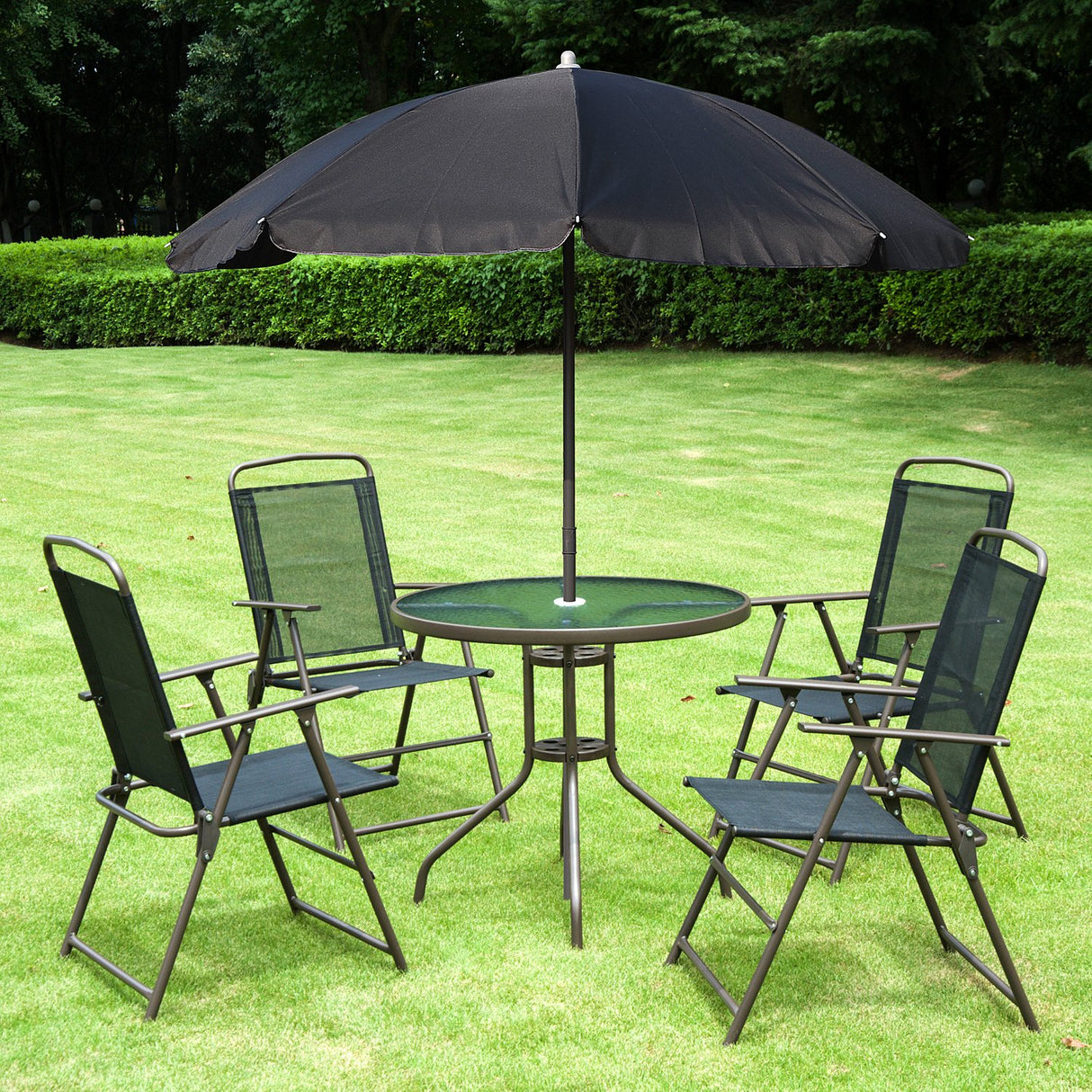 Outsunny 6 Piece Patio Dining Set for 4 with Umbrella, Outdoor Table and Chairs with 4 Folding Dining Chairs & Round Glass Table for Garden, Backyard and Poolside, Black Outsunny