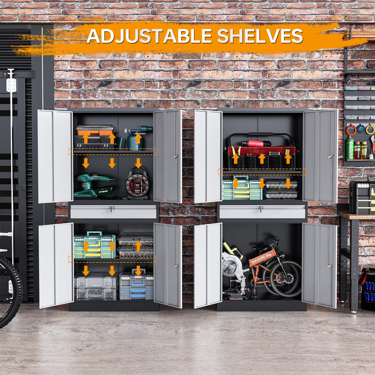 STANI Metal Garage Storage Cabinets with Drawer, 4 Doors Tool Storage Cabinet with 2 Adjustable Shelves, 71"-Lock Steel Locking Cabinet for Garage Utility Room Home Office (Black Grey, 0 Wheel-71 H) STANI