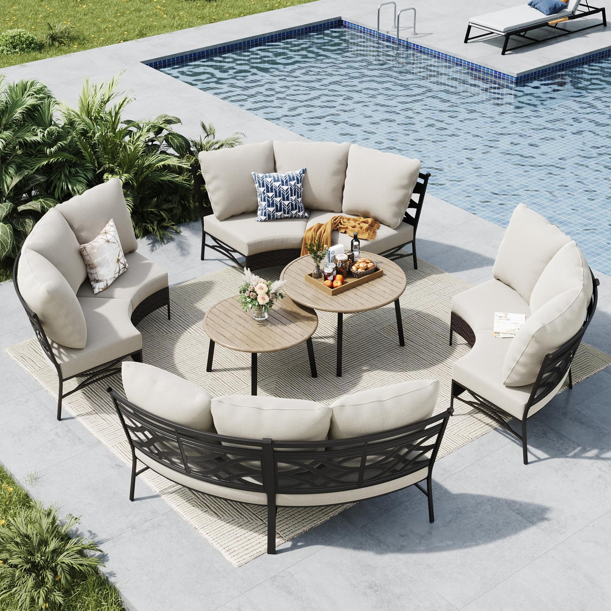 MFSTUDIO Patio Furniture Set, 8 Seats Half-Moon Curved Outdoor Sectional Sofa Conversation Set, Woven Rattan Patio Couch with 2 Wood-Like Round Coffee Table MFSTUDIO