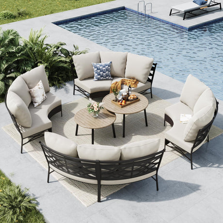 MFSTUDIO Patio Furniture Set, 8 Seats Half-Moon Curved Outdoor Sectional Sofa Conversation Set, Woven Rattan Patio Couch with 2 Wood-Like Round Coffee Table MFSTUDIO