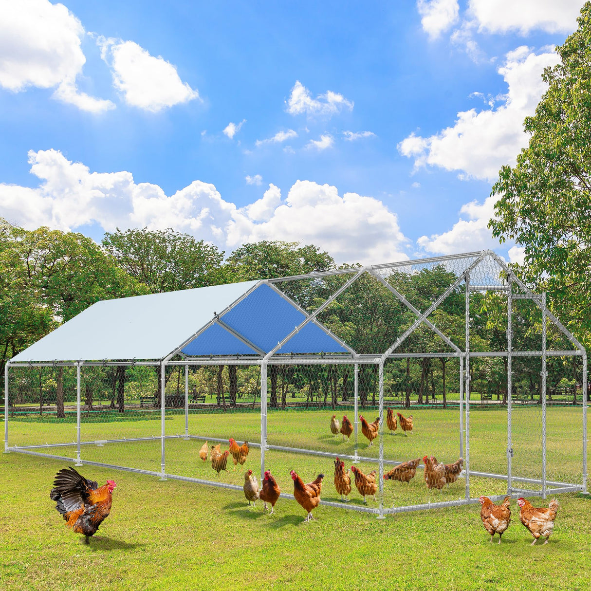 YITAHOME Large Metal Chicken Coop with Water-Resident and Anti-Ultraviolet Cover, 26.24'L x 9.84'W x 6.39'H Walk-in Poultry Cage with Run, Chicken Runs House for Outside - 4 Cages YITAHOME