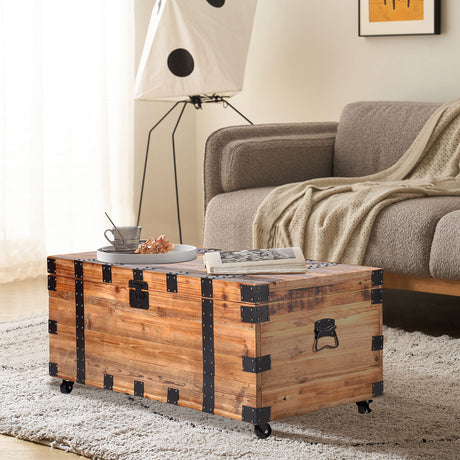 NewCosmos Vintage Reclaimed Fir Wood Storage Trunk – Rustic Charm with Black Metal Accents – No Assembly Required, Optional Wheels Included NewCosmos