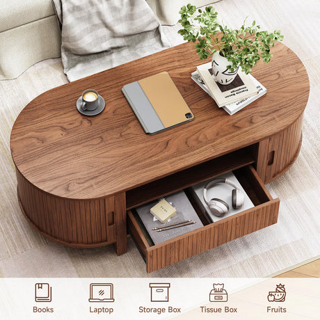 ONBRILL 47.2 Inch Oval Coffee Table with Storage, Mid Century Modern Coffee Table with Drawer, Center Table with Sliding Door and Wood Fluted Handle for Living Room, Walnut ONBRILL