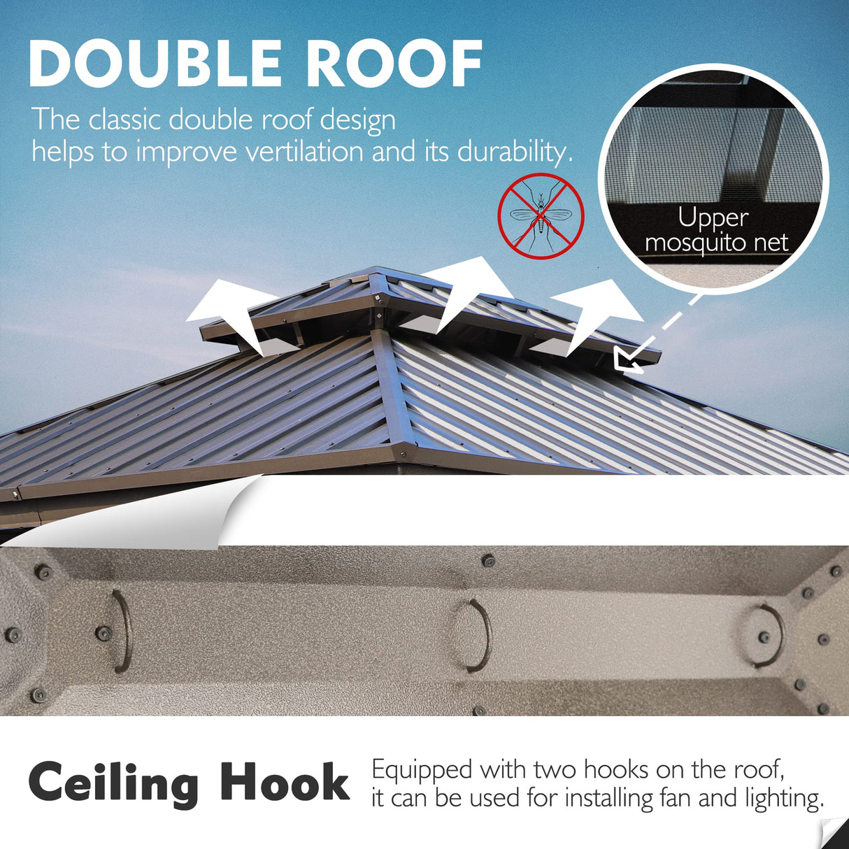 Kozyard 10'x12' Hardtop Gazebo - Permanent Metal Pavilion with Netting and Shaded Curtains for Patio, Backyard, and Deck - Galvanized Steel Outdoor Aluminum Canopy, Double Roof Gazebo (Brown) Kozyard