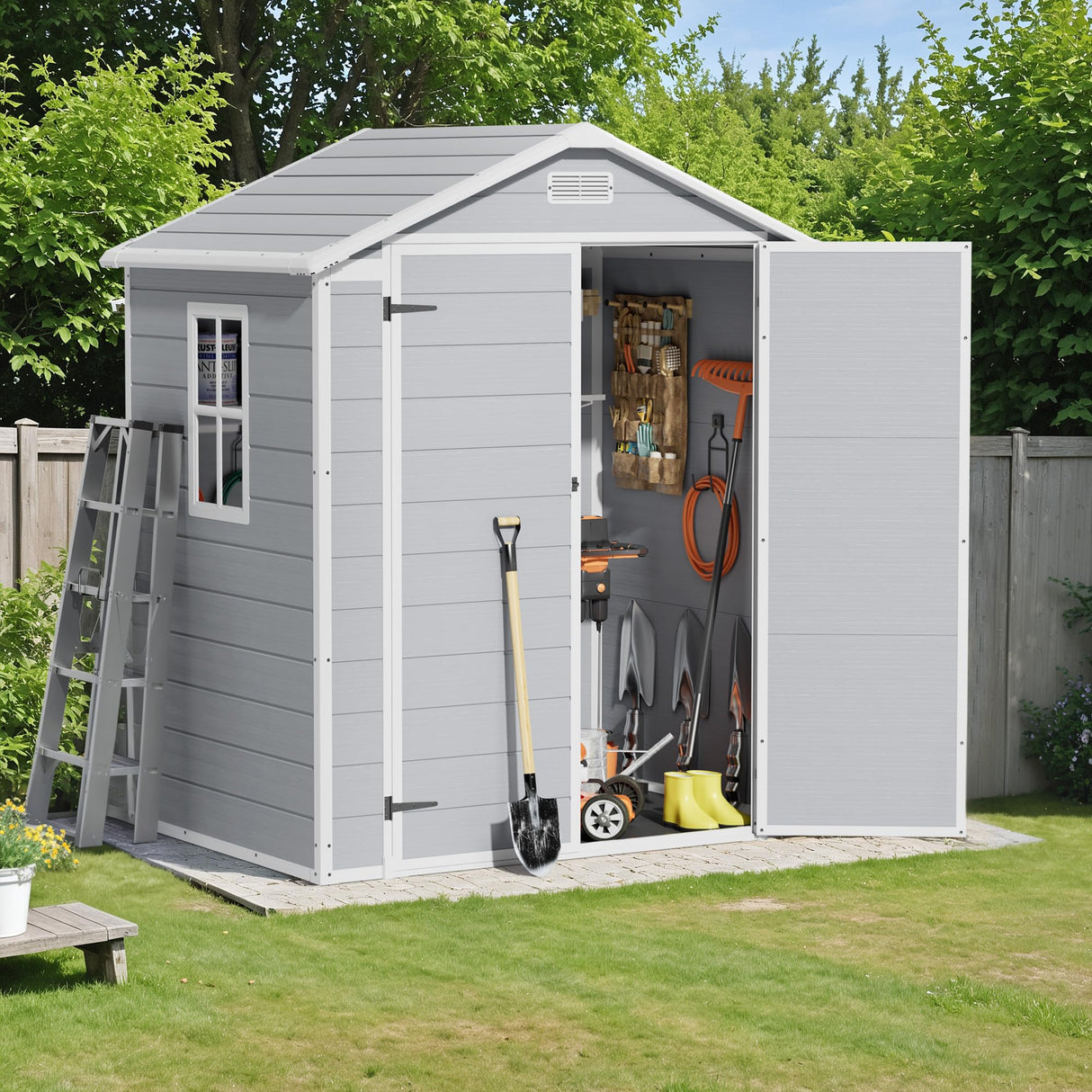 Flamaker 6 x 4 FT Outdoor Storage Shed, Garden Resin Shed with Floor, Plastic Tool Shed with Lockable Door for Backyard Patio Lawn Pool Flamaker
