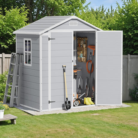 Flamaker 6 x 4 FT Outdoor Storage Shed, Garden Resin Shed with Floor, Plastic Tool Shed with Lockable Door for Backyard Patio Lawn Pool Flamaker