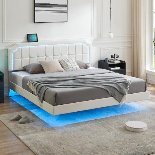 GarveeHome Modern King Size Floating Bed Frame with Adjustable LED Headboard and Easy Assembly in White - WoodArtSupply