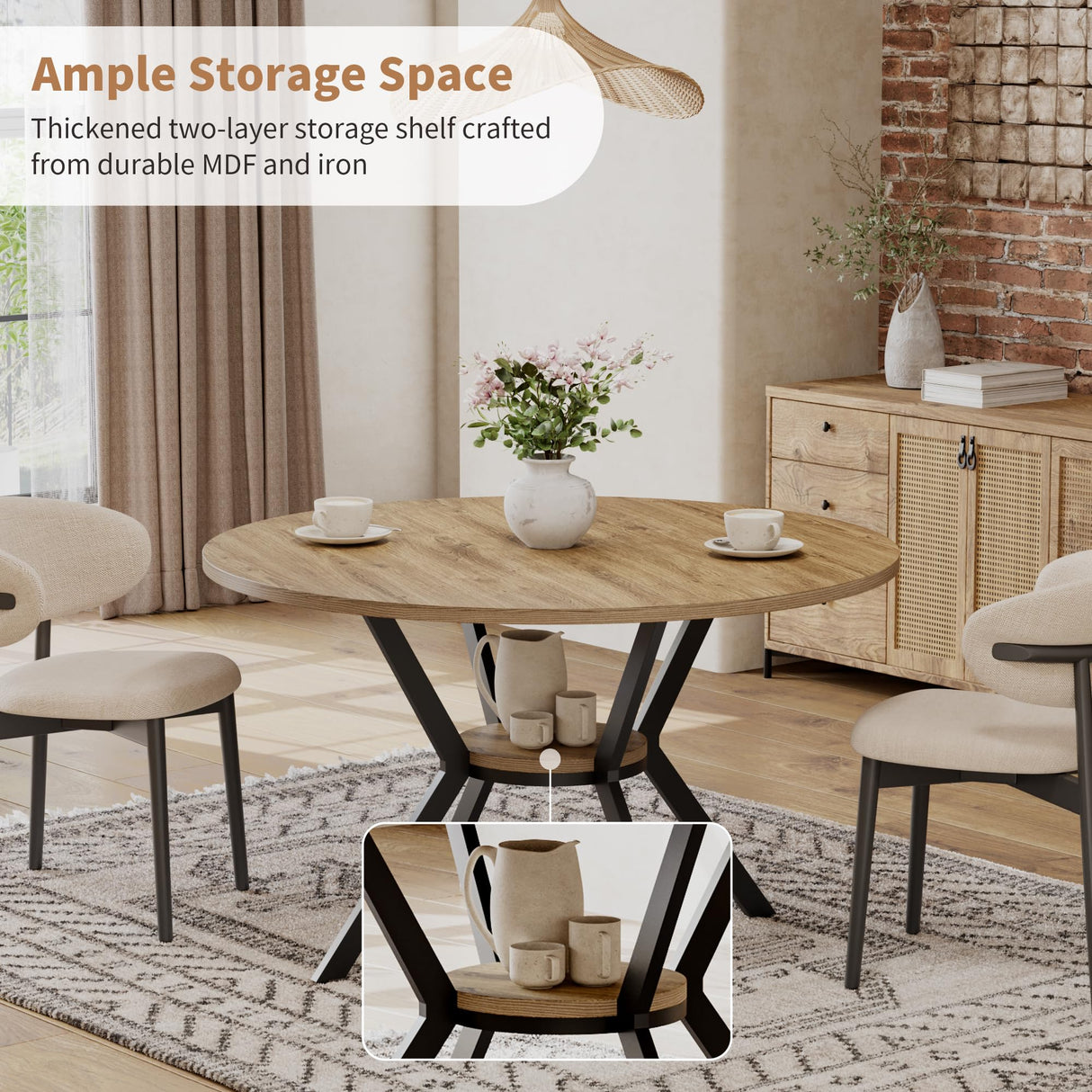 MECHYIN Round Dining Table for 4, 42 Inch Farmhouse Kitchen Table with Storage, Rustic Wooden Circle Dinner Pedestal Table with Metal Legs, Space Saving Kitchen & Dining Room Furniture, Natural Wood MECHYIN