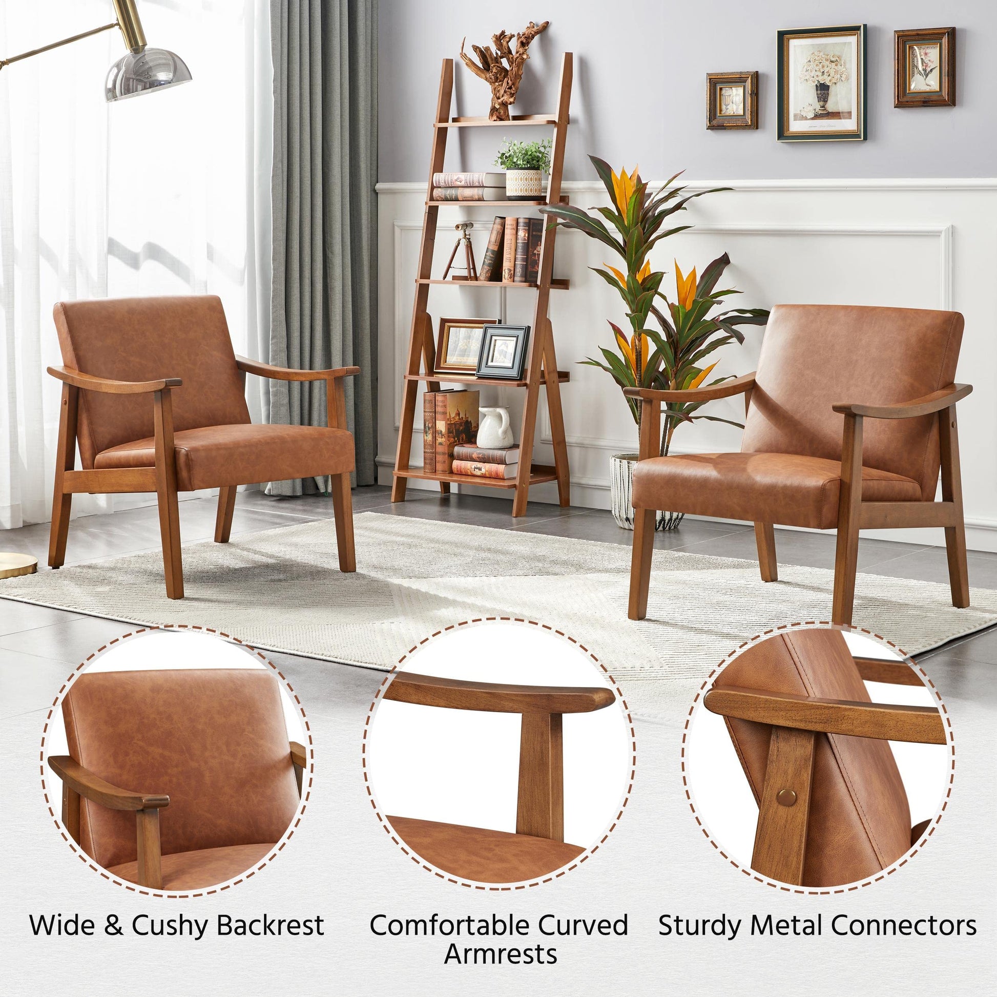 Yaheetech PU Leather Accent Chair, Mid-Century Modern Armchair with Solid Wood Legs, Reading Leisure Chair with High Back for Living Room Bedroom Waiting Room, Light Brown - WoodArtSupply