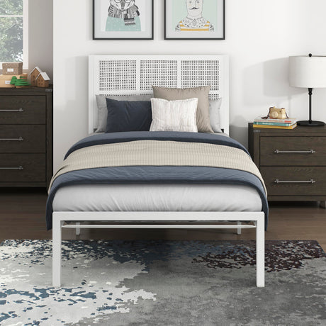 Lexicon Metal Bed Frame with Rattan Headboard, Metal Platform Bed with Strong Metal Slat Support Under Bed Storage, Boho Faux Cane Bed, Mattress Foundation No Box Spring Needed, Twin Bed, White Lexicon