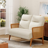 POINTANT Love Seat Settee Mini Couch Upholstered Sofa with Natural Rattan Armrest Backrest Couch Bench Loveseat for Living Room Bedroom Beige POINTANT