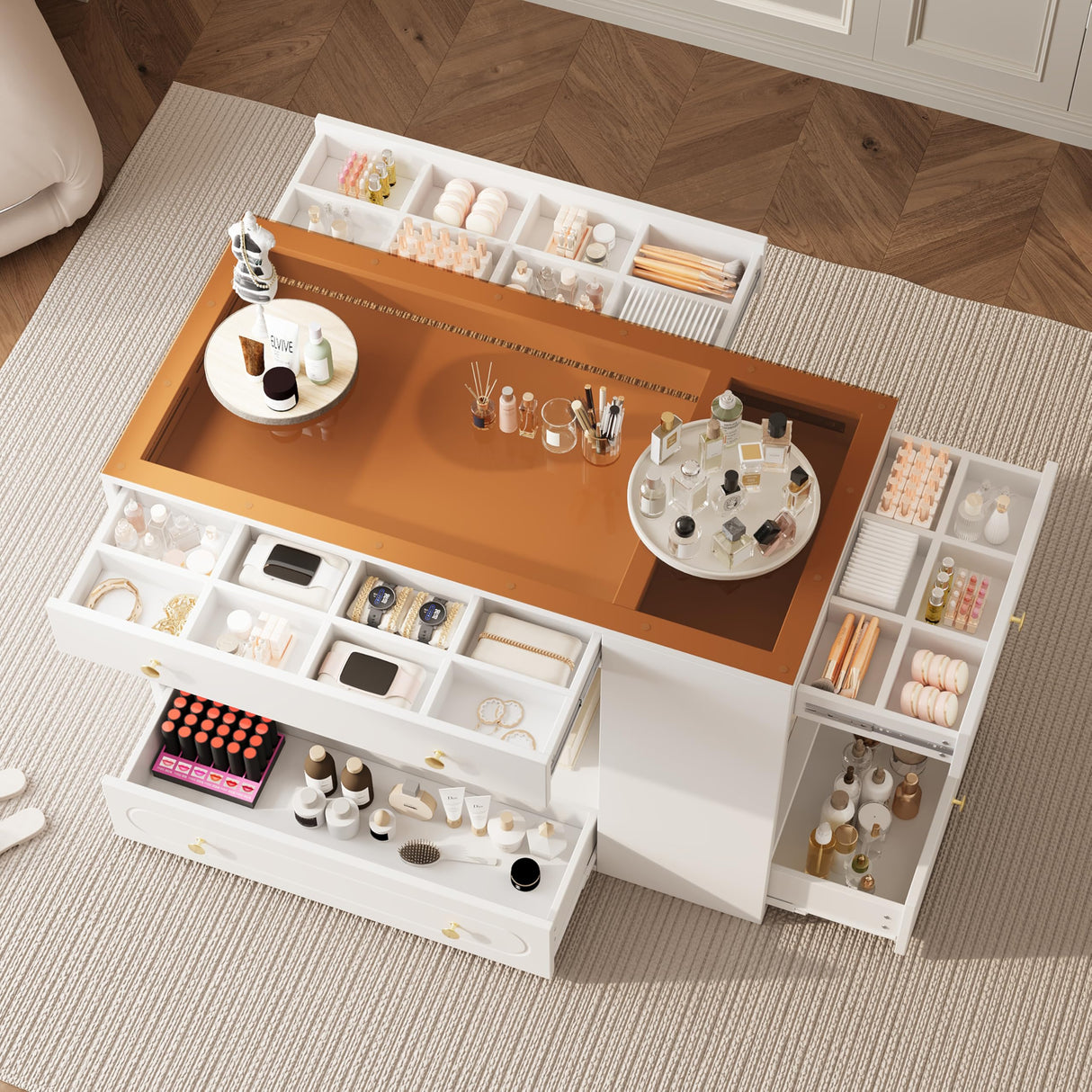 Polibi Walk-in Closet Island Organizer with 6 Drawers, Tempered Glass Display Top & 3-Side Open Shelves - Jewelry Vanity Storage Cabinet - Bedroom Wardrobe Center - MDF/Particle Board,White Polibi