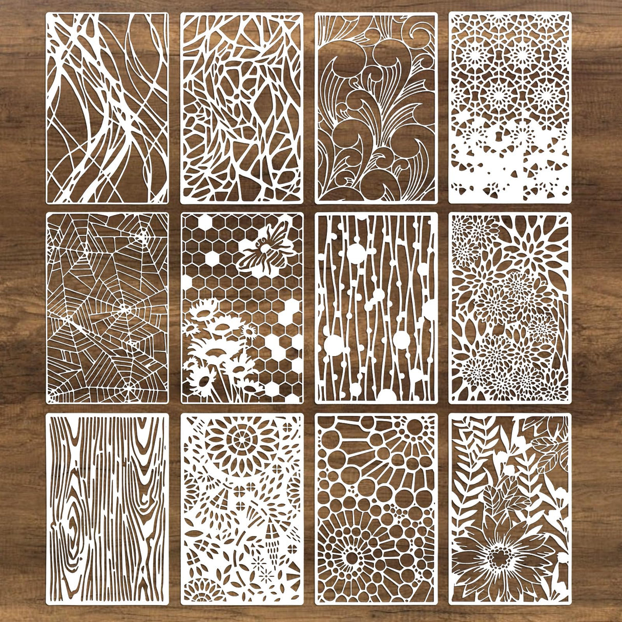 12Pcs Mixed Stencils for Painting, Art Stencils for Crafts Reusable, Wood Grains Flower Texture Templates Spider Web Layering Spray Paint Stencils Kit on Wall Canvas Cake Card DIY (11×7'') LLOUSSAK
