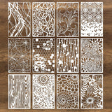 12Pcs Mixed Stencils for Painting, Art Stencils for Crafts Reusable, Wood Grains Flower Texture Templates Spider Web Layering Spray Paint Stencils Kit on Wall Canvas Cake Card DIY (11×7'') LLOUSSAK