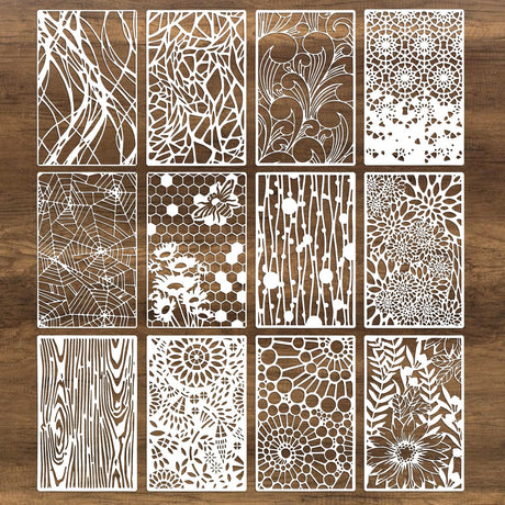 12Pcs Mixed Stencils for Painting, Art Stencils for Crafts Reusable, Wood Grains Flower Texture Templates Spider Web Layering Spray Paint Stencils Kit on Wall Canvas Cake Card DIY (11×7'') LLOUSSAK