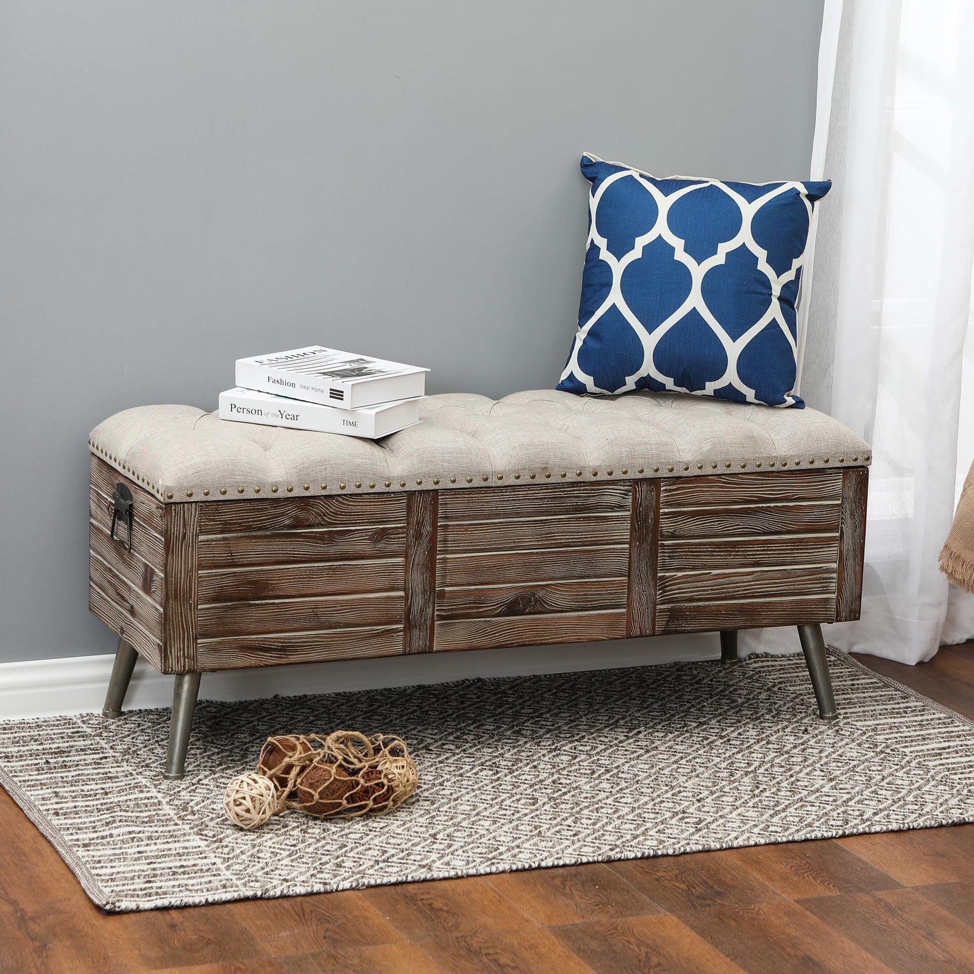 LuxenHome Storage Bench for Bedroom, 47" Wood Upholstered Bench with Storage and Seating, Luxury Beige and Brown Farmhouse End of Bed Bench, Storage Ottoman Bench for Living Room/Bedroom/Entr - WoodArtSupply