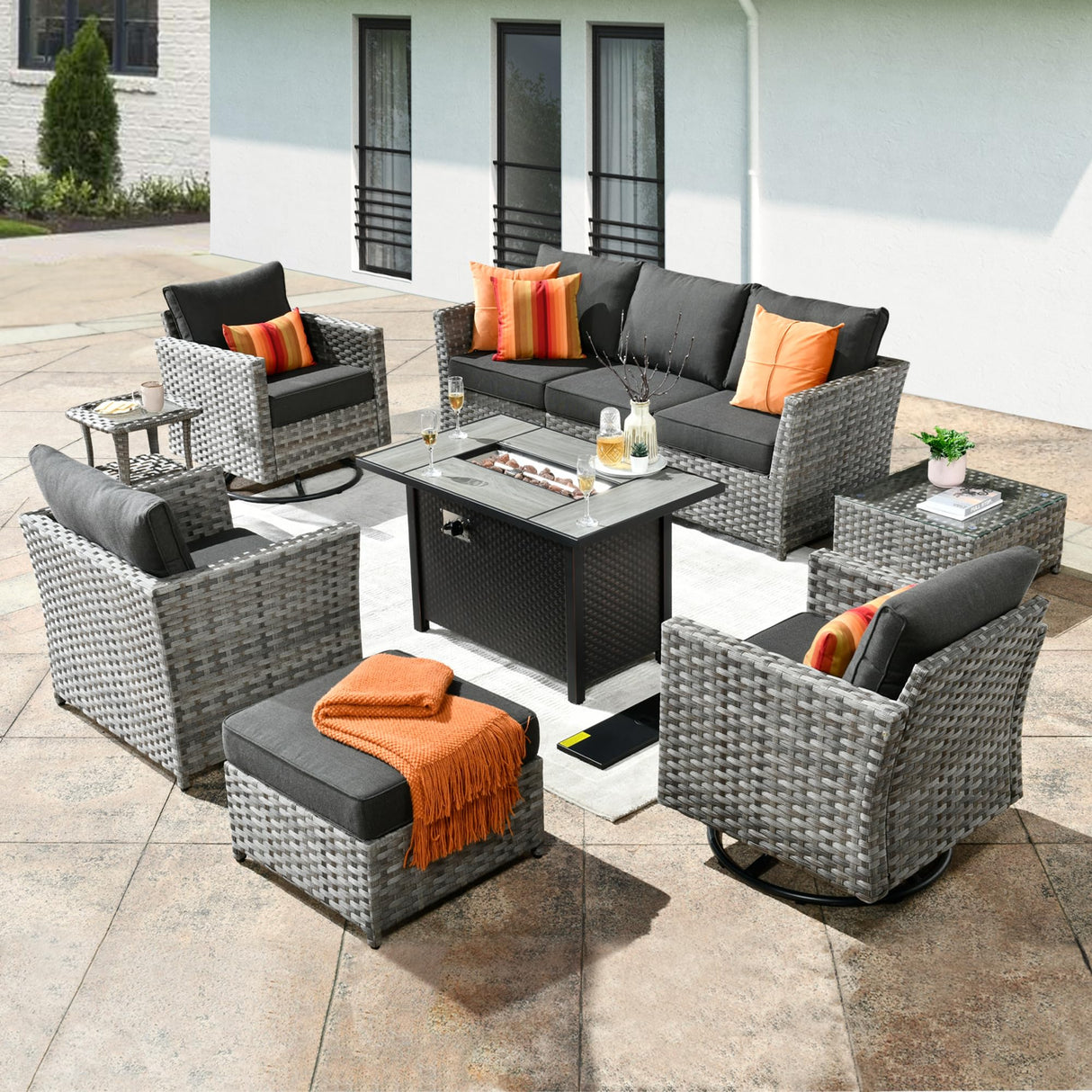 ovios 10 Piece Patio Furniture Set with Fire Pit Table,Outdoor Rattan Wicker Coversation Set with Swivel Rocking Chairs, Sectional Chairs for Outside Porch Balcony Backyard Pool,Black ovios