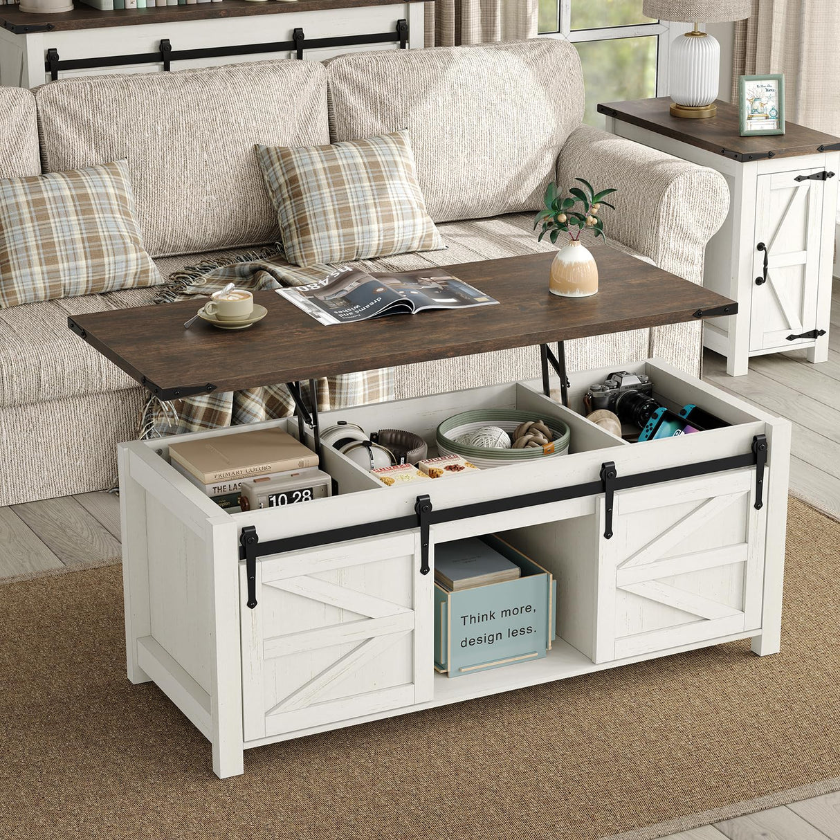 Furnihold Coffee Table 47.3'' Lift Top Coffee Table with Storage, Modern White Coffee Table with Sliding Barn Doors, Farmhouse & Rustic Rectangle Center Table for Living Room, Office, Brown Top Furnihold