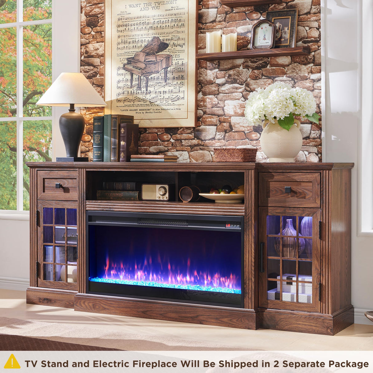 JXQTLINGMU Fireplace TV Stand for 80 Inch TV, Farmhouse Highboy Entertainment Center w/LED Lights & 36" Electric Fireplace, Large Media Console w/Glass Door Cabinet & Storage Drawer, Brown JXQTLINGMU