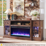 JXQTLINGMU Fireplace TV Stand for 80 Inch TV, Farmhouse Highboy Entertainment Center w/LED Lights & 36" Electric Fireplace, Large Media Console w/Glass Door Cabinet & Storage Drawer, Brown JXQTLINGMU