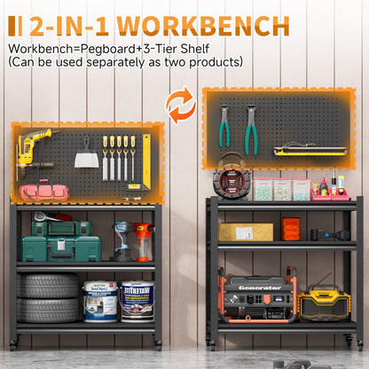 Workbench with Pegboard, 48" H Adjustable Heavy Duty Work Table with Wheels, Heavy Duty Workstation, Metal Tool Work Bench for Garage Warehouse Workshop - WoodArtSupply