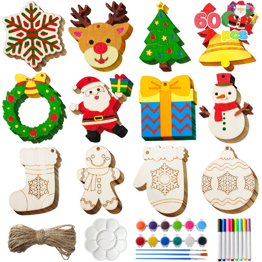 JOYIN 60 Pcs Christmas Wooden Hanging Ornaments Craft Kits, Unfinished Blank Wood Ornaments to Paint for Kids, Xmas Arts Crafts Bulk, DIY Decorations Coloring Making Set School Activities(Age 8+)