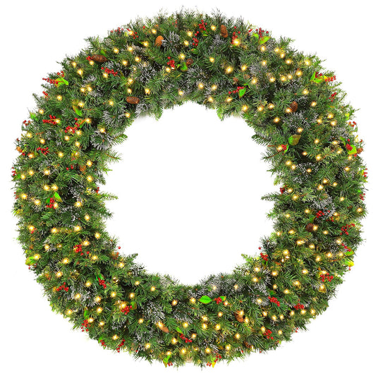 Hykolity 60 in. Large Pre-Lit Christmas Wreath Wintry Pine with 400 Warm White LED Lights, 792 Branch Tips, Artificial Plug in Wreath with Timer, Adorned with Pinecones & Red Berries