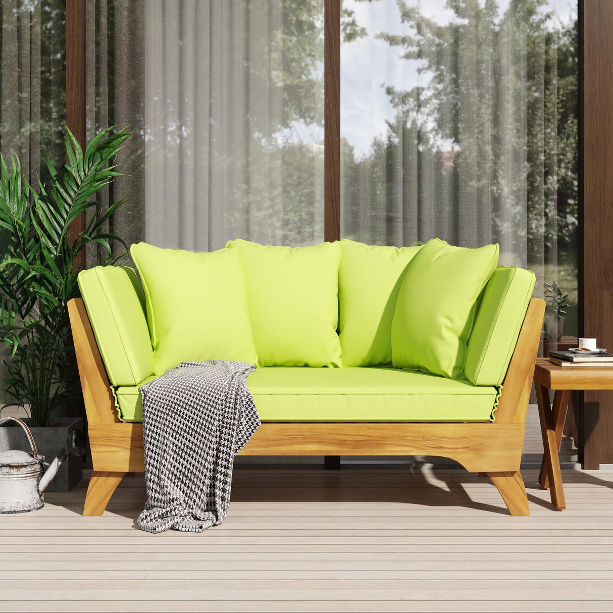 Merax Outdoor Patio Convertible Sofa Couch, Luxury Green Sectional Daybed with High Back & Thick Cushions, Coastal Furniture for Backyard Balcony Poolside, Acacia Wood & Waterr Resistant, Green Merax