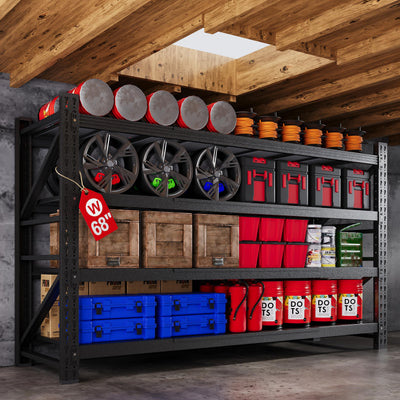 68” W Metal Shelf Heavy Duty, 8000LBS Metal Garage Shelving Units, 4 Tier Storage rack shelves, Steel Industrial Shelving , Adjustable Standing Shelf for Basement/Warehouse 68"W x 24"D x 64"H, Black