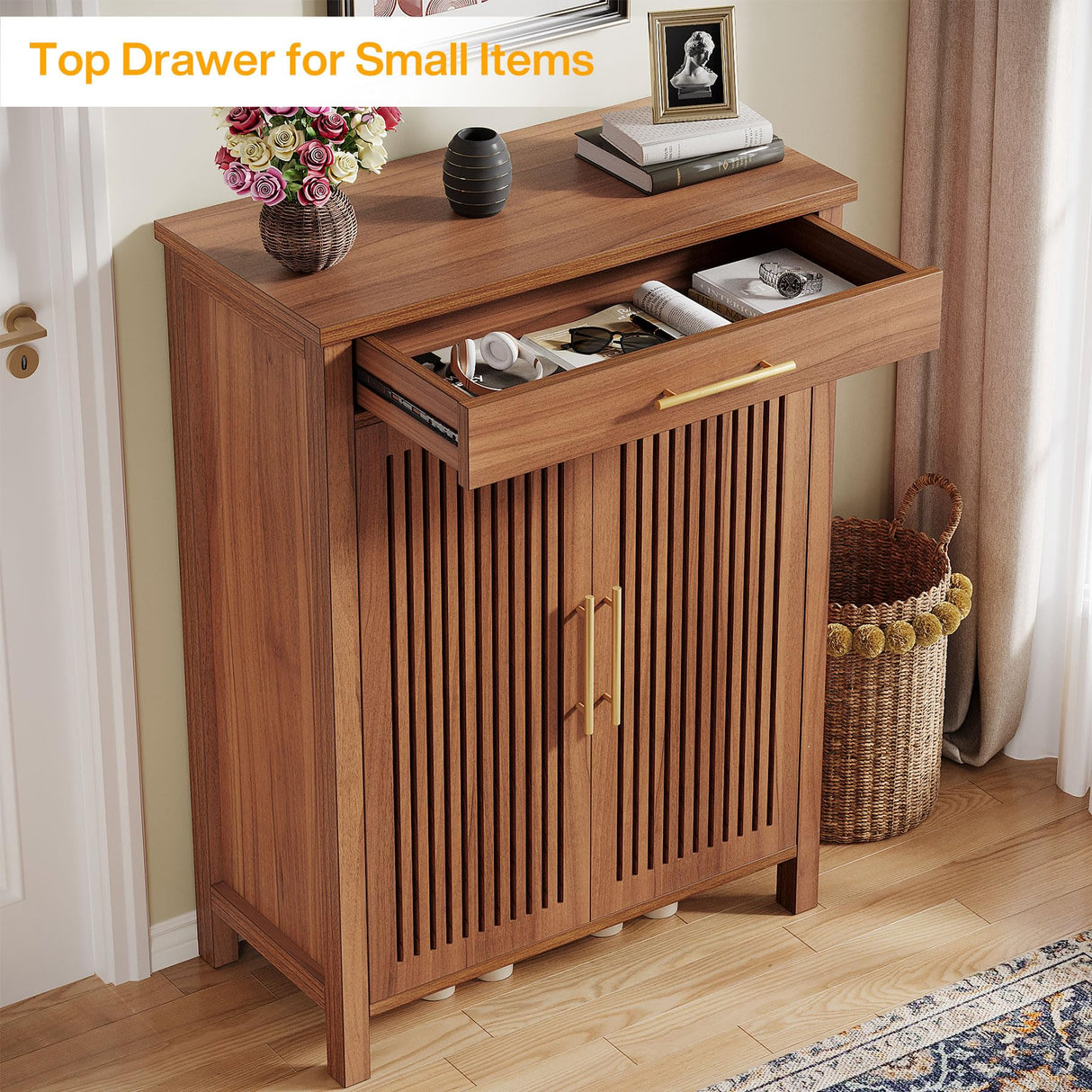 Tribesigns Shoe Cabinet, 5-Tier Shoe Storage Cabinet with Louvered Doors and Drawer, Freestanding Wooden Shoe Rack Organizer with Adjustable Shelves for Entryway, Hallway, Closet, Brown Tribesigns