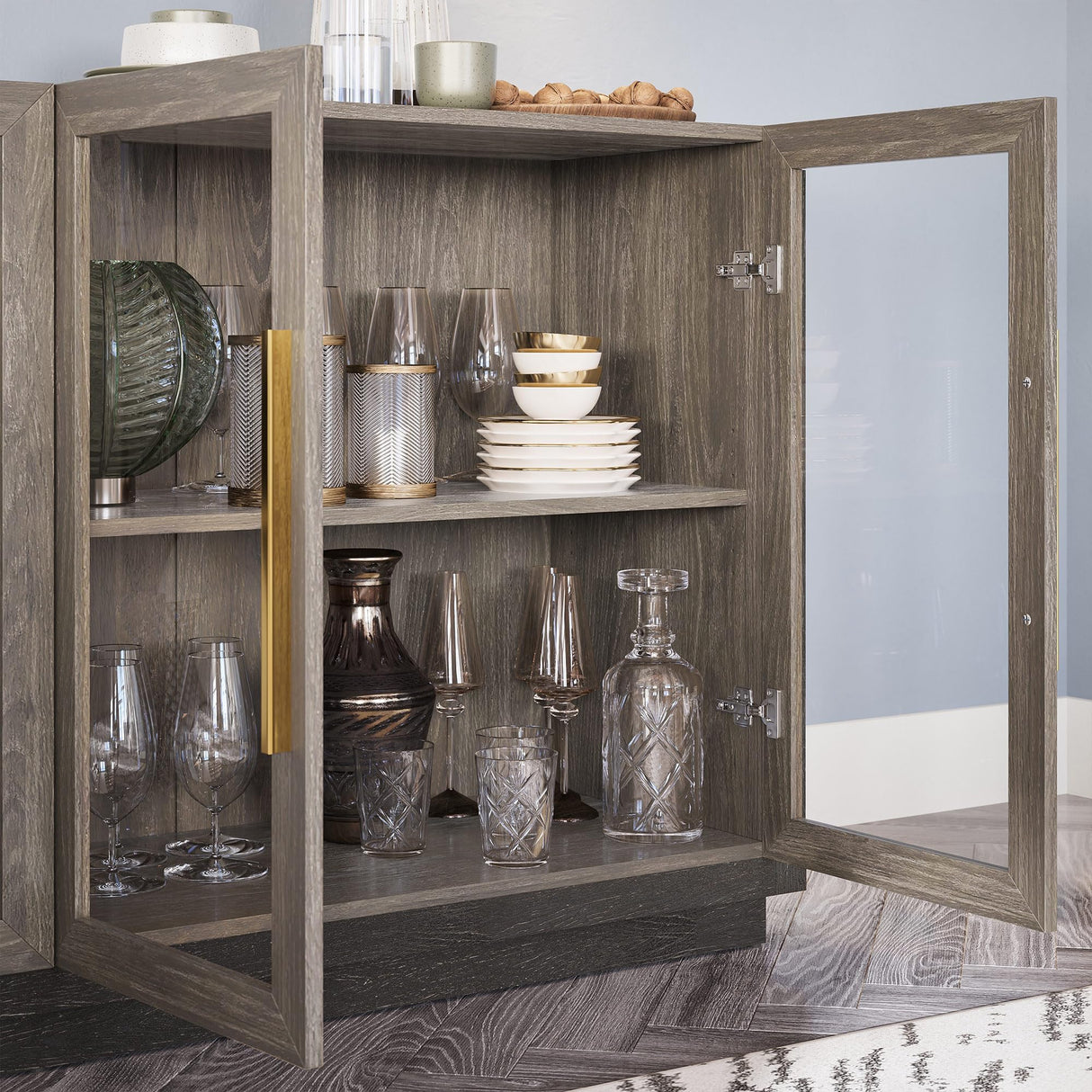 BELLEZE Sideboard Buffet Cabinet, Modern Wood Glass-Buffet-Sideboard with Storage, Console Table for Kitchen, Dining Room, Living Room, Hallway, or Entrance - Brixston (Brown) BELLEZE