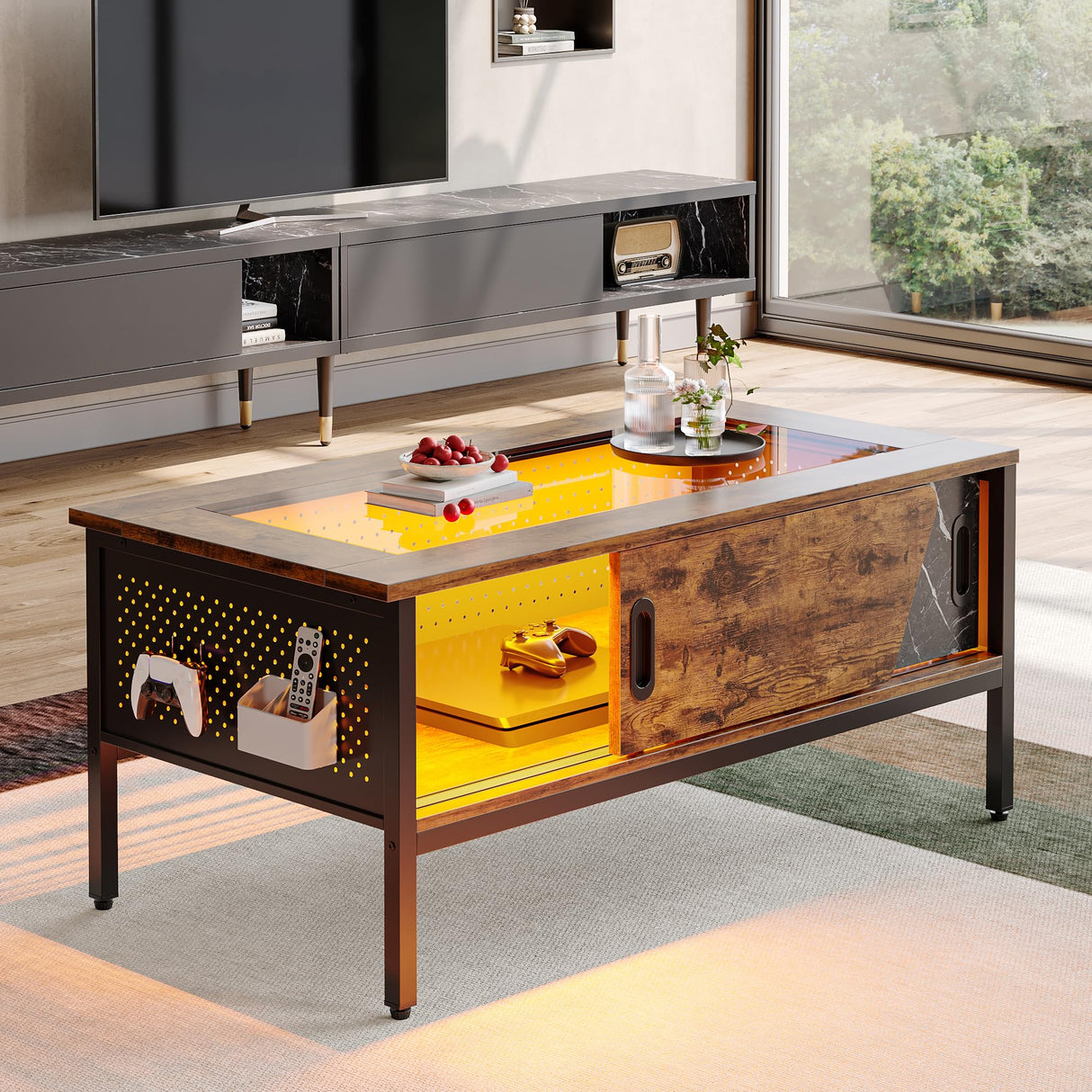 Bestier LED Coffee Table with Storage Glass Coffee Tables for Living Room with Sliding Doors, 42 Inch Rustic Brown Living Room Center Table Bestier