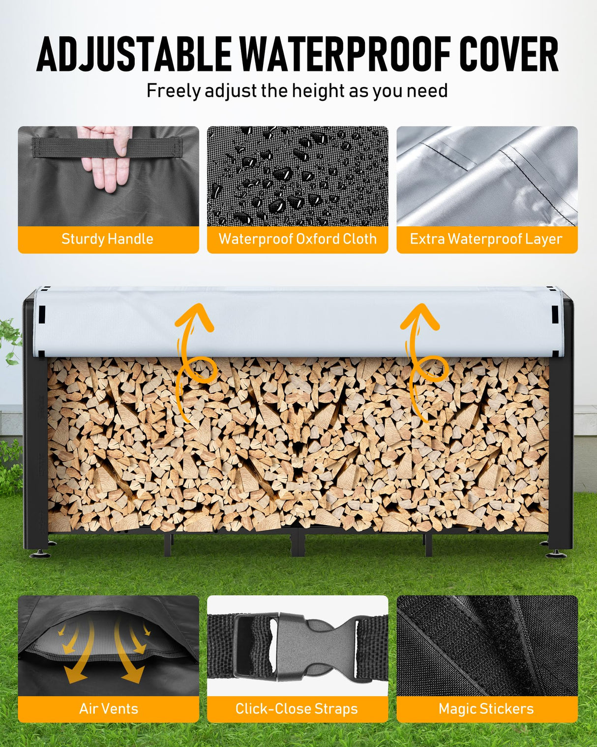 Brightown Firewood Rack Outdoor with Cover, 8FT Wood Rack for Firewood Indoor, Waterproof Fire Wood Holder Outside, Adjustable Heavy Duty Logs Stand Stacker Holder for Patio Deck, Black Brightown