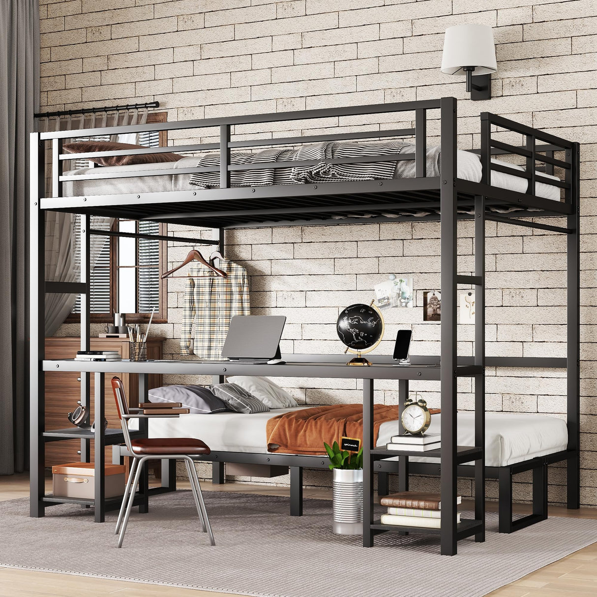 Bellemave Futon bunk Bed Twin XL Over Queen, Queen loft Bed with futon and Desk and Shelves, LED, USB, Black Bellemave