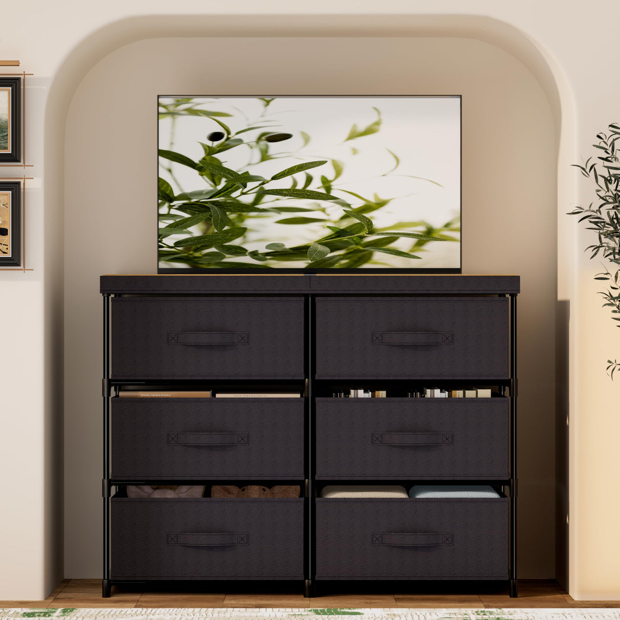 GcdPai Dresser with 6 Fabric Drawer Stand Desktop Sturdy Metal Plastic Support Tube Cube Storage Cabinet for Bedroom Organization Dorm Front Hall Entryway GcdPai