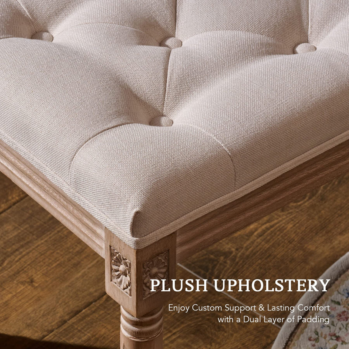 VONLUCE Ottoman Stool, 18.5 in High, Beige, with Padded Seat, Wood Frame, Button Tufted, for Dining, Living Room, Bedroom, Piano, Dressing, Vanity, Foot Rest VONLUCE