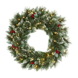 Nearly Natural 24in. Frosted Swiss Pine Artificial Wreath with 35 Clear LED Lights and Berries, Green, 5x24x24 Nearly Natural