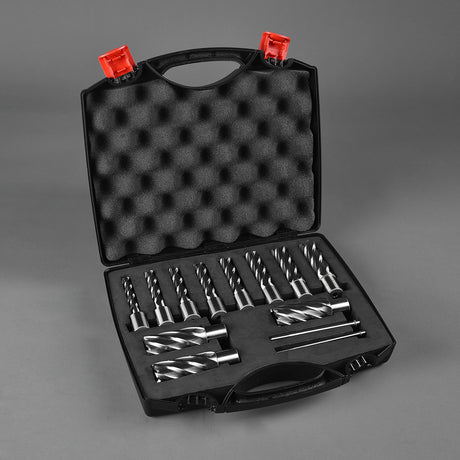 Annular Cutter Set 13 pcs JESTUOUS 3/4 Inch Weldon Shank 2 Cutting Depth and Cutting Diameter from 7/16 to 1-1/16 for Drill Press HSS Standard Kit Two Flat with 2 Pilot Pins JESTUOUS