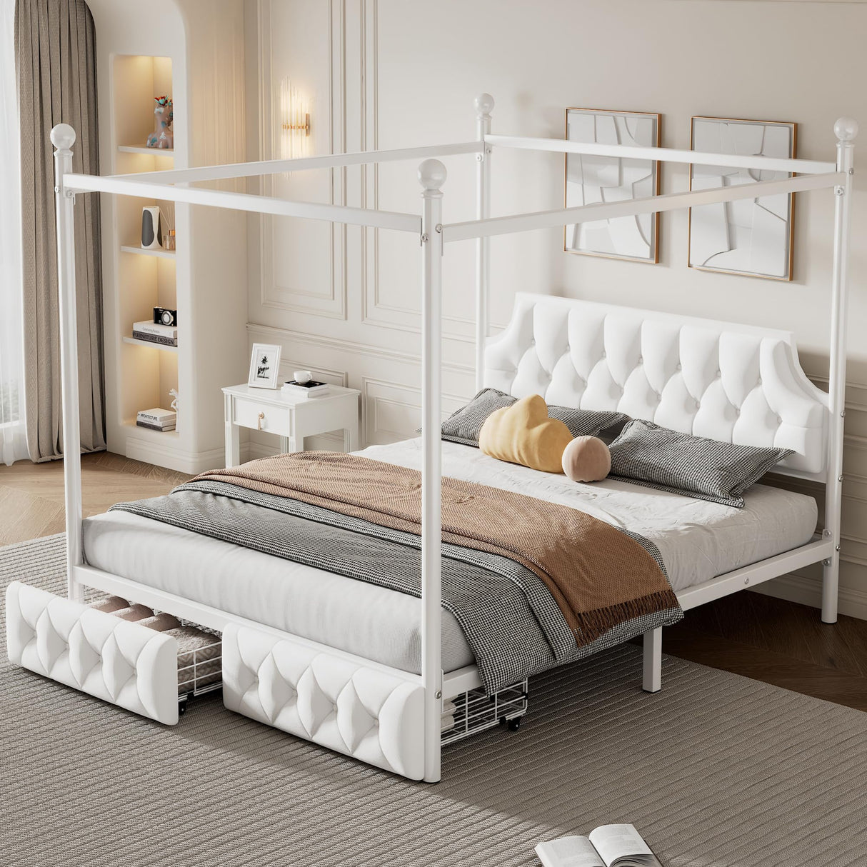 SOFTSEA Metal Canopy Bed Frame Queen Size Upholstered Canopy Bed Frame with 2 Drawer, Four-Poster Metal Platform Bed with Upholstered Headboard, White SOFTSEA