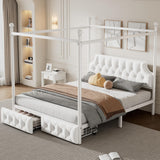 SOFTSEA Metal Canopy Bed Frame Queen Size Upholstered Canopy Bed Frame with 2 Drawer, Four-Poster Metal Platform Bed with Upholstered Headboard, White SOFTSEA