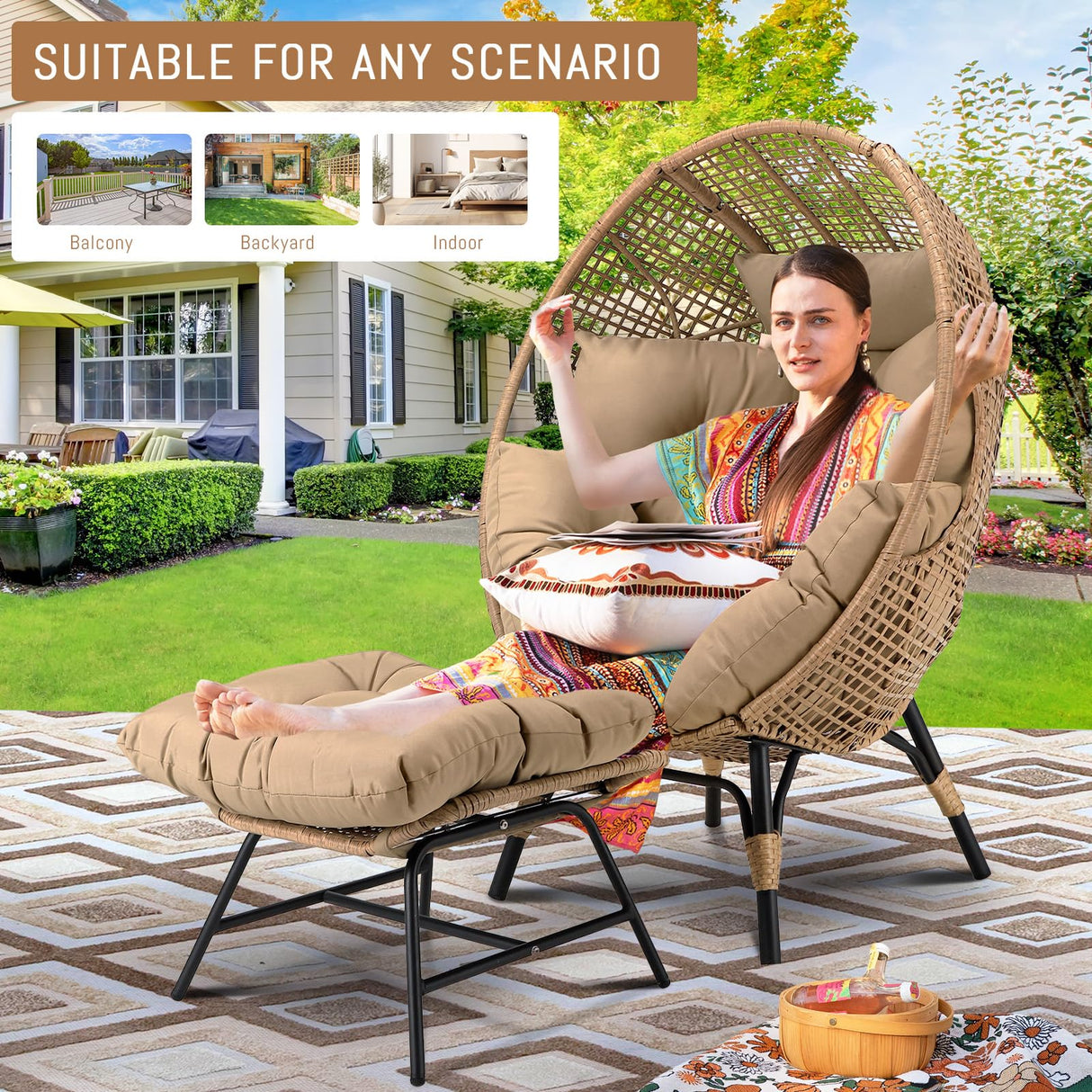 RADIATA Egg Chair with Footrest, Wicker Patio Lounger with Ottoman, Oversized Rattan Egg Shaped Chair with Leg for Indoor Outdoor Patio Balcony Garden (Nature) RADIATA