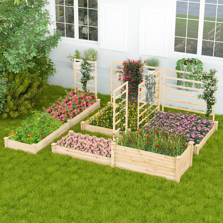 HAPPYGRILL Raised Garden Bed with 3 Trellises, Outdoor Wood Raised Bed w/ 2 Planter Boxes for Flowers, Vegetables, Fruits Climbing Vines, Elevated Garden Box for Yard Patio, 88" L x 45" W x 43" H HAPPYGRILL