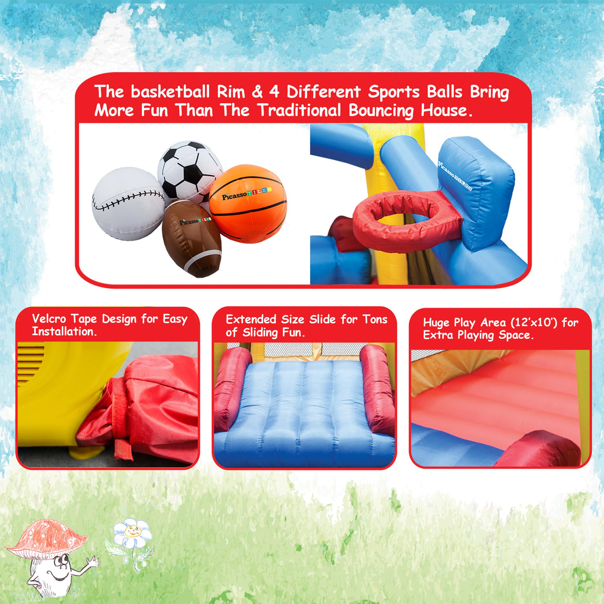 [Upgrade Version] PicassoTiles KC102 12x10 Foot Inflatable Bouncer Jumping Bouncing House, Jump Slide, Dunk Playhouse w/Basketball Rim, 4 Sports Balls, Full-Size Entry, 580W ETL Certified Blower PicassoTiles