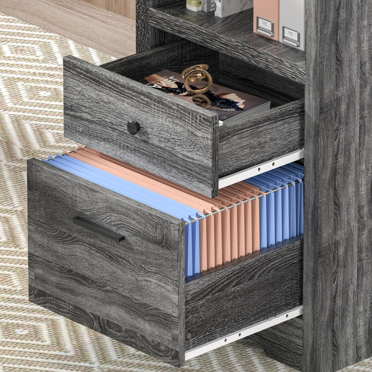 MU L Shaped Desk with File Drawer, 60 Inch Corner Desk with Storage Drawers & Cabinet, Large Home Office Desk with Power Outlets, Wood Executive Office Desk, Grey MU