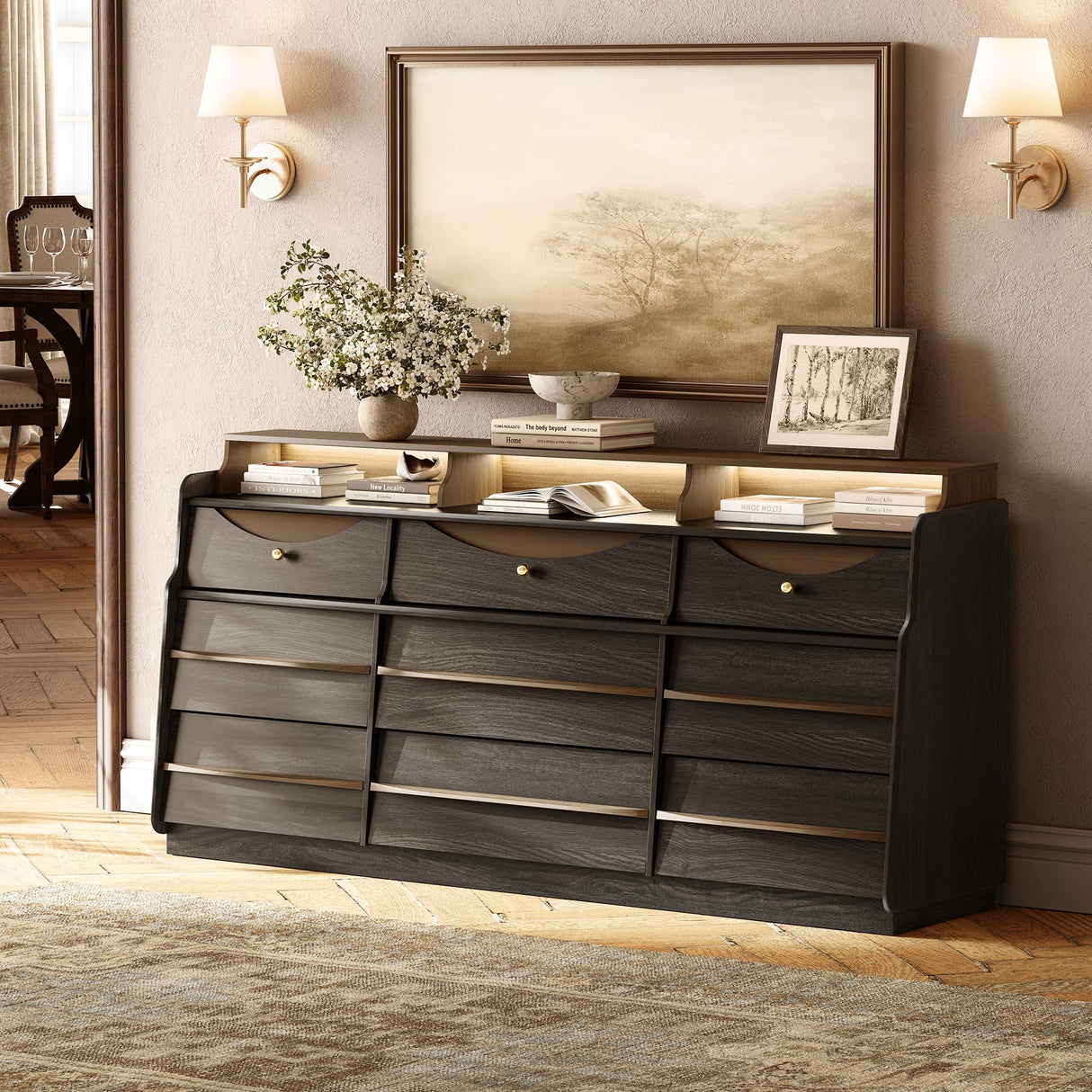 63" W 9-Drawer Black Dresser for Bedroom, Modern Wood Chest of Drawers w/LED Light, Round Knobs & Solid Wood Handles, Long Wooden Dresser TV Stand w/Shelf for TVs up to 75", Curved Profile Design STO'SENSE