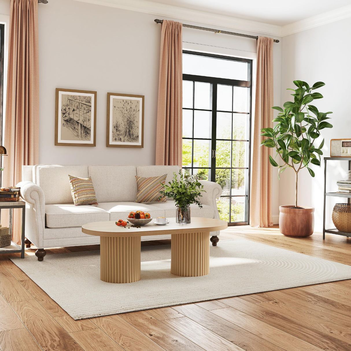 RUSTYER Oval Fluted Coffee Table, Farmhouse Wood Coffee Table Mid Century Modern Center Table Boho Living Room Tables for Living Room Office (Natural, 19.69" D x 39.38" W x 13.78" H) RUSTYER