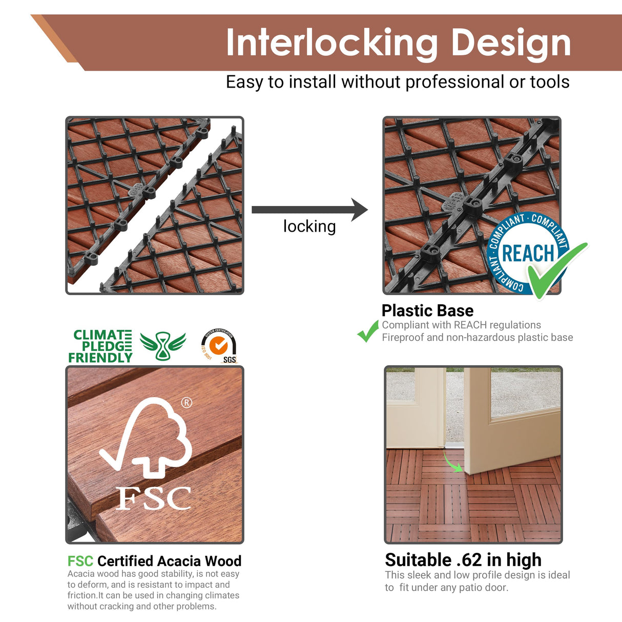 PrimeZone 27 PCS FSC Certified Acacia Wood Interlocking Patio Deck Tiles - 12" x 12" Indoor Outdoor Waterproof Flooring Tiles for Balcony, Backyard, Garden & Poolside, All Weather Use, Brown PrimeZone